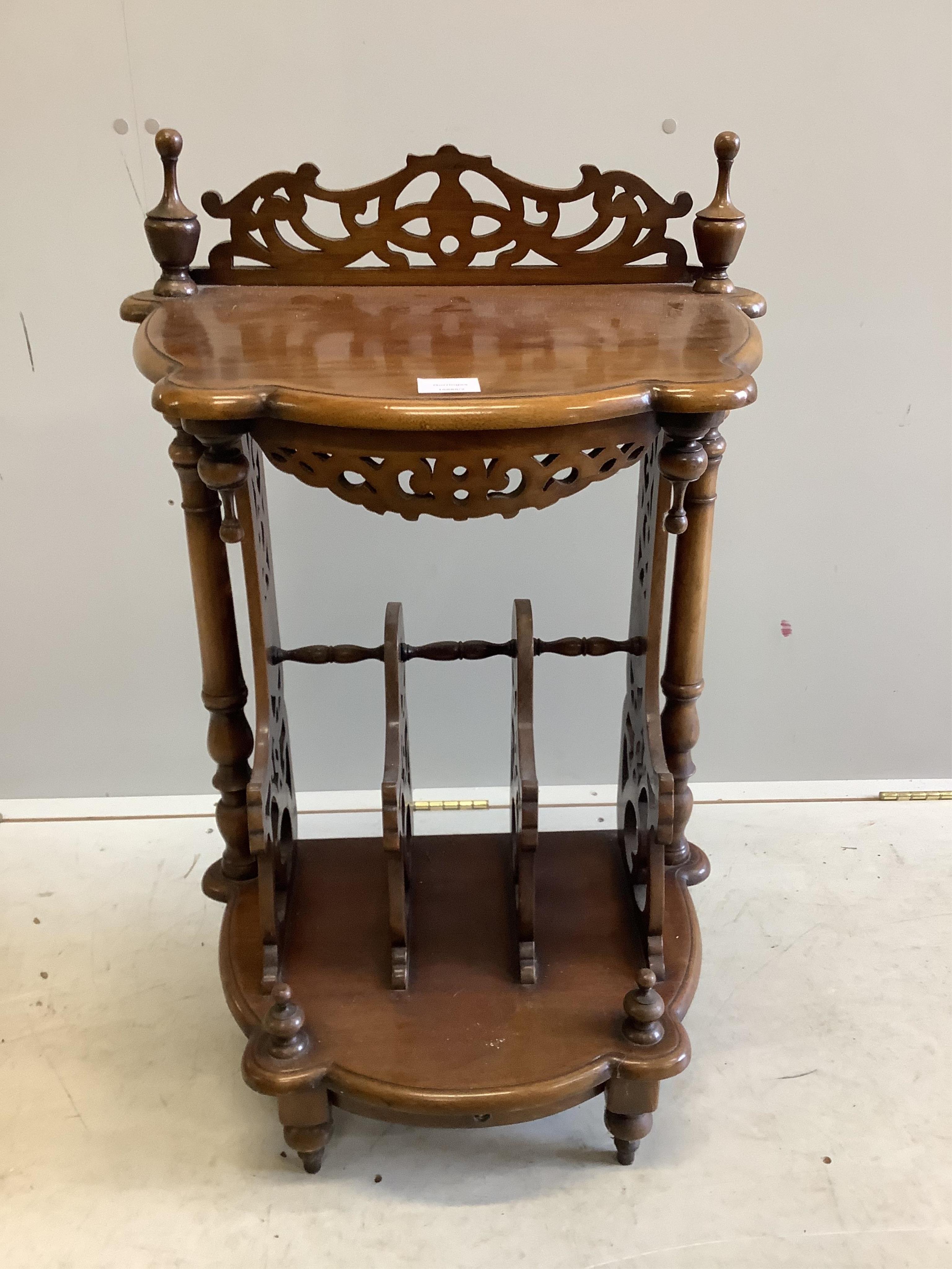 A Victorian style mahogany Canterbury side table, width 56cm, depth 37cm, height 90cm. Condition - fair to good